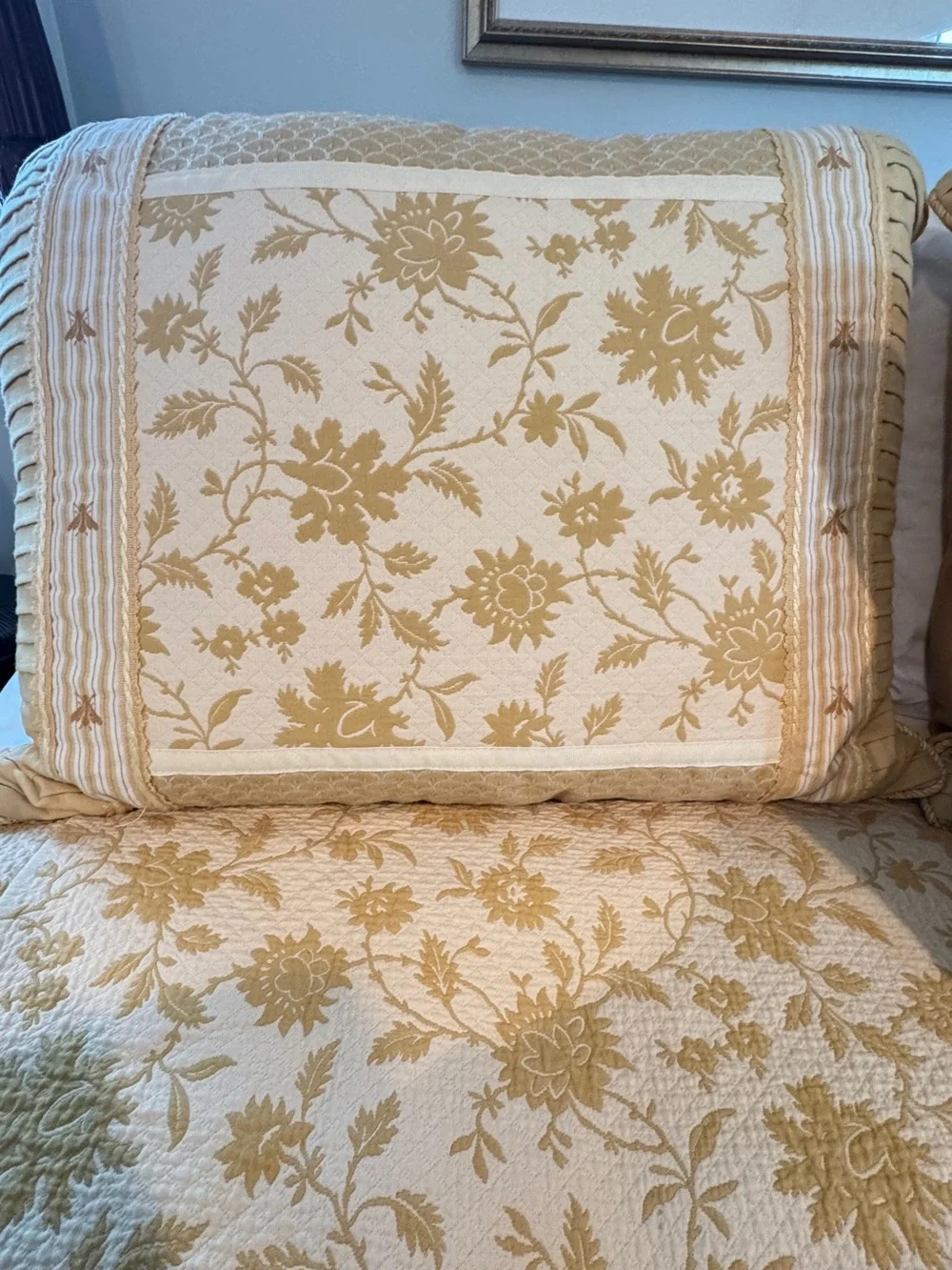 Ethan Allen Cream and Gold Floral Quilted Duvet Cover, Throw Pillows & Bedskirt